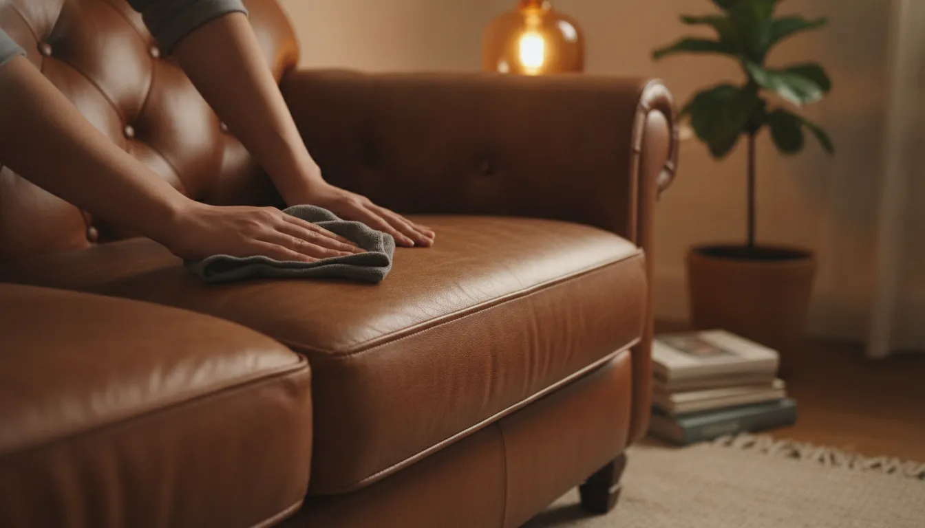 Person gently cleaning a brown Italian leather sofa with a soft microfiber cloth