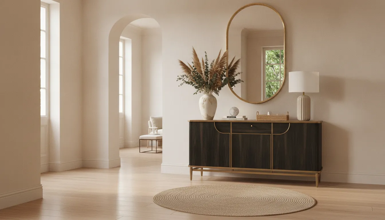 European entryway console table styled with mirror, lamp, vase, and decorative objects in a modern foyer