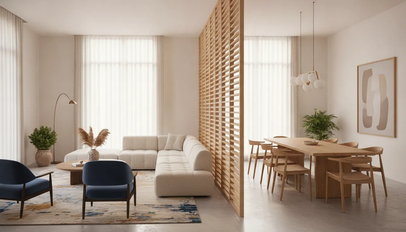 Open-slatted modern room divider preserving natural light between living and dining zones