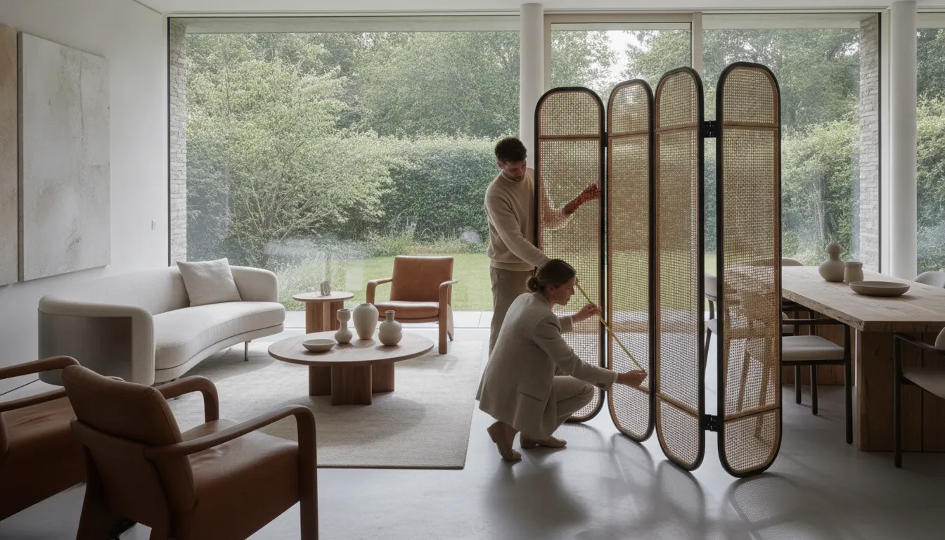 Designer measuring the placement of a modern room divider in an open-plan home