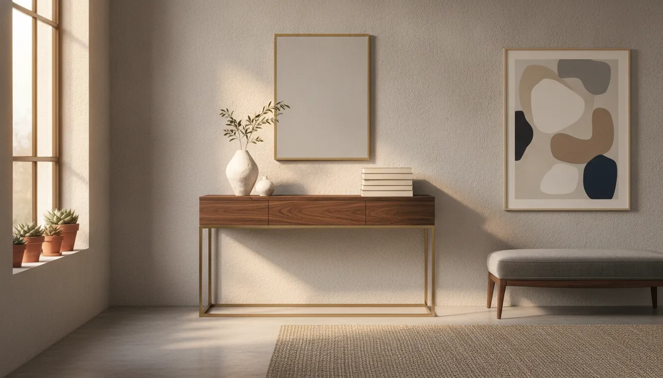 Slim contemporary console table with clear walking space in a modern entryway