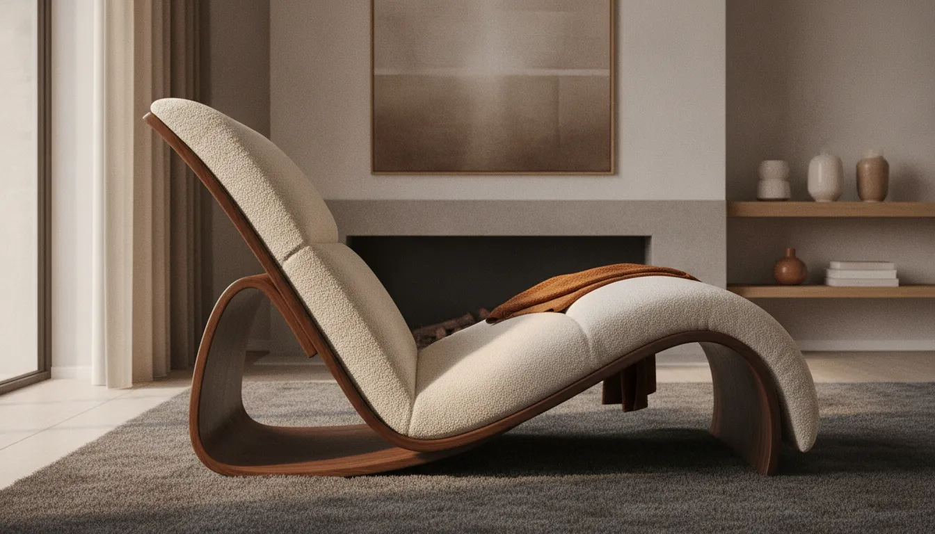 Side profile showing the ergonomic depth and back angle of a modern lounge chair