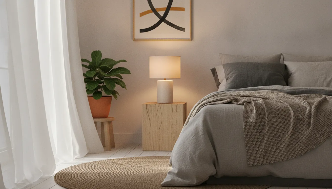 Ceramic bedside lamp on a wooden nightstand with warm diffused glow in a minimalist bedroom