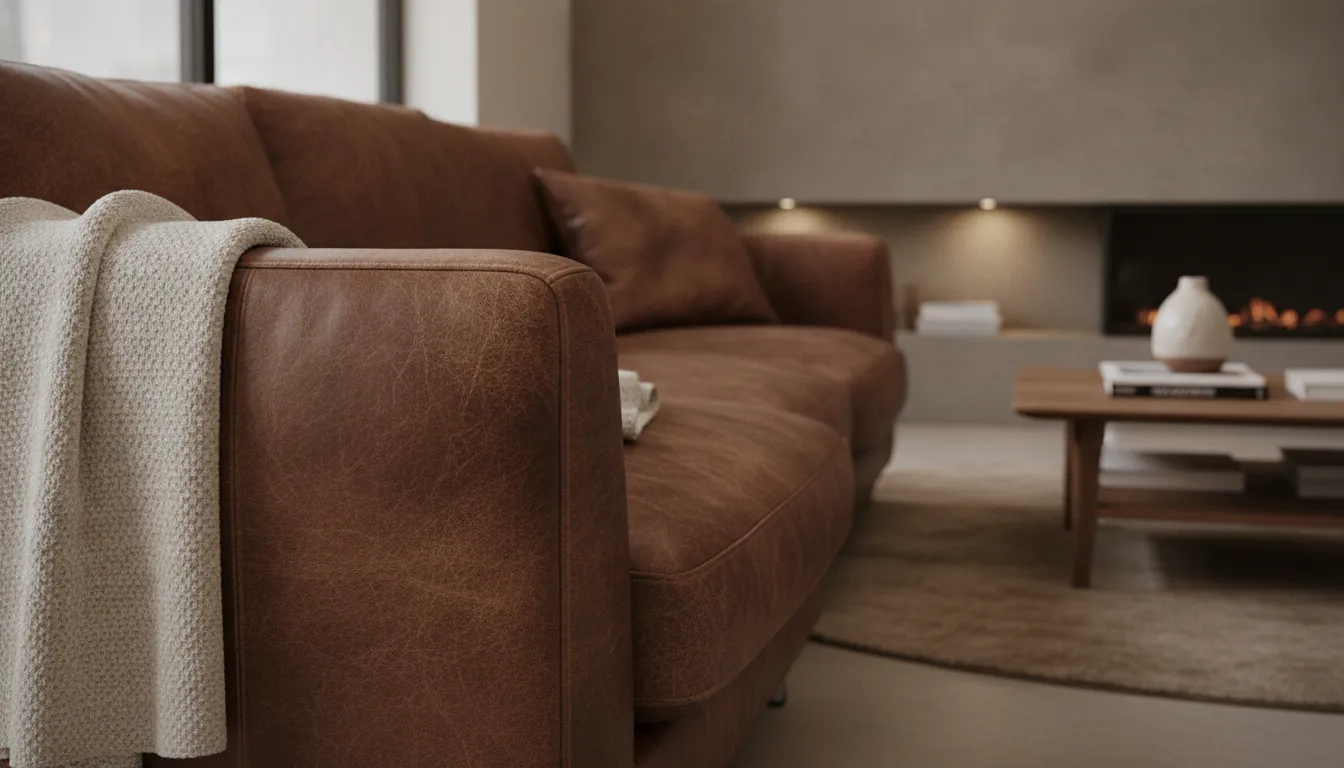 Close-up of rich Italian leather grain and texture on a high-end sofa