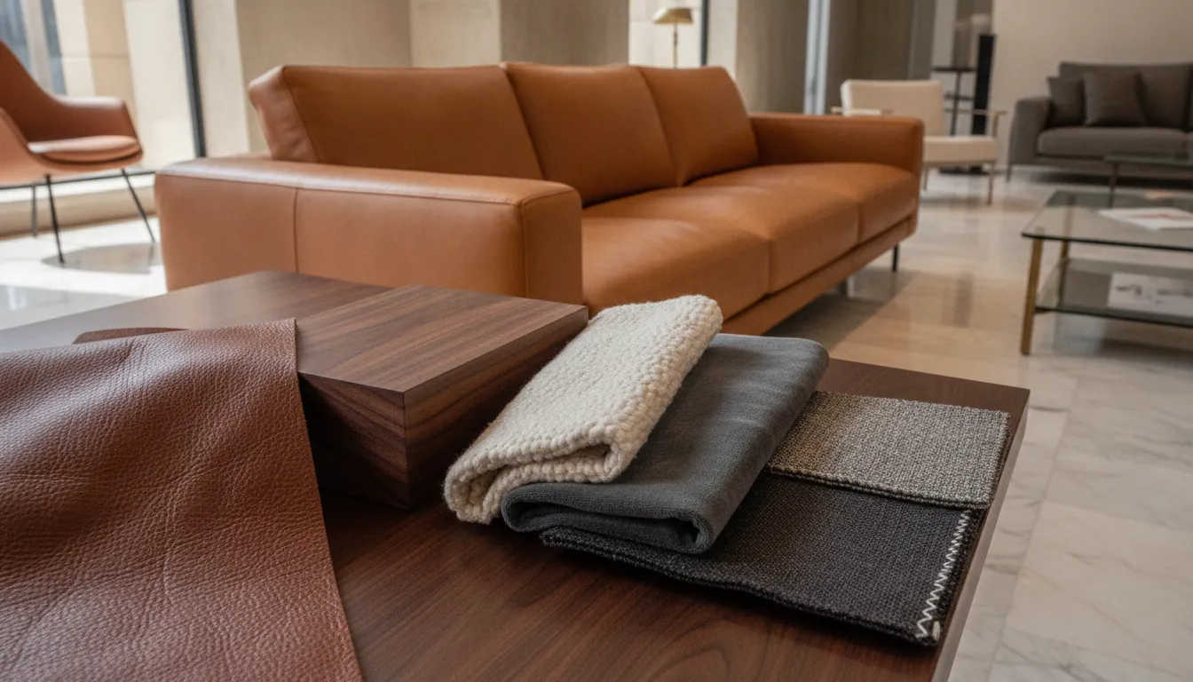 Italian furniture leather wood and upholstery material samples