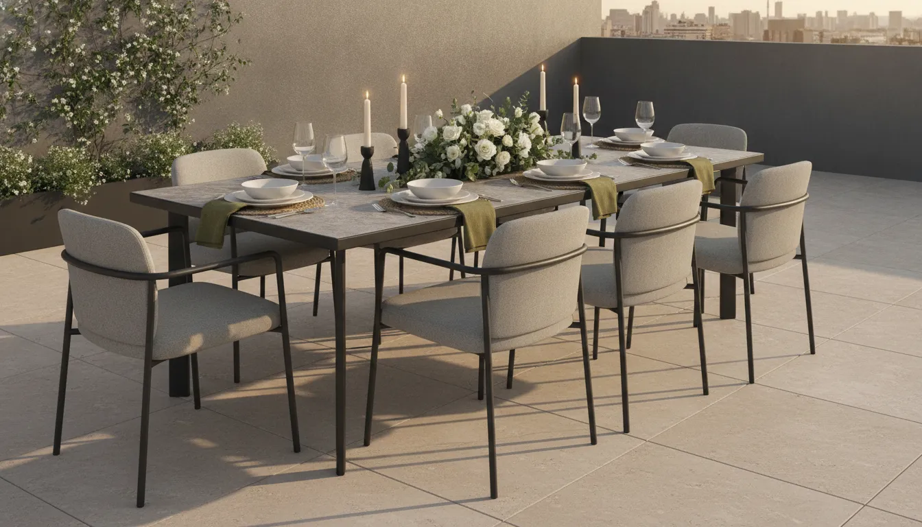 Modern outdoor dining table set for six on a contemporary terrace