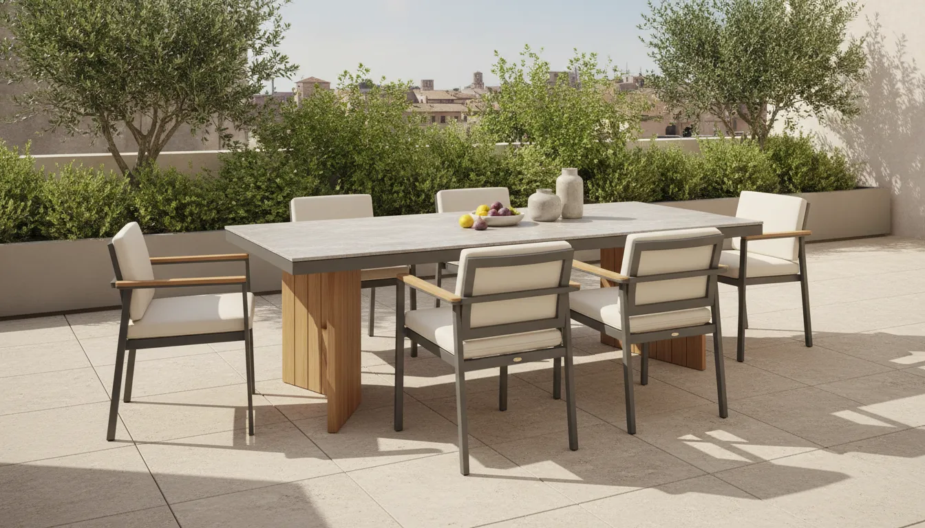 Modern outdoor dining table with mixed weather-resistant materials