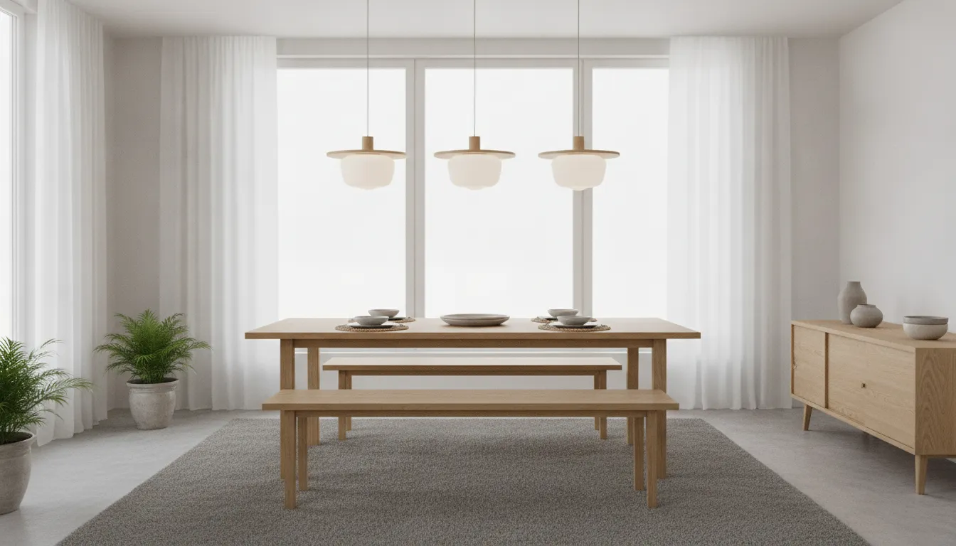 Minimalist Scandinavian pendant lights arranged over a long rectangular dining table