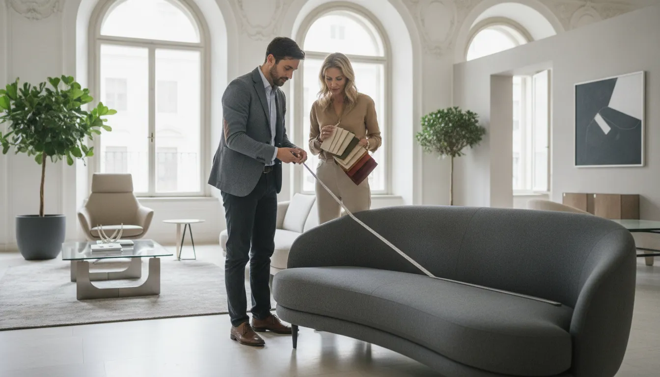 Shopper evaluating contemporary Italian furniture in a local showroom
