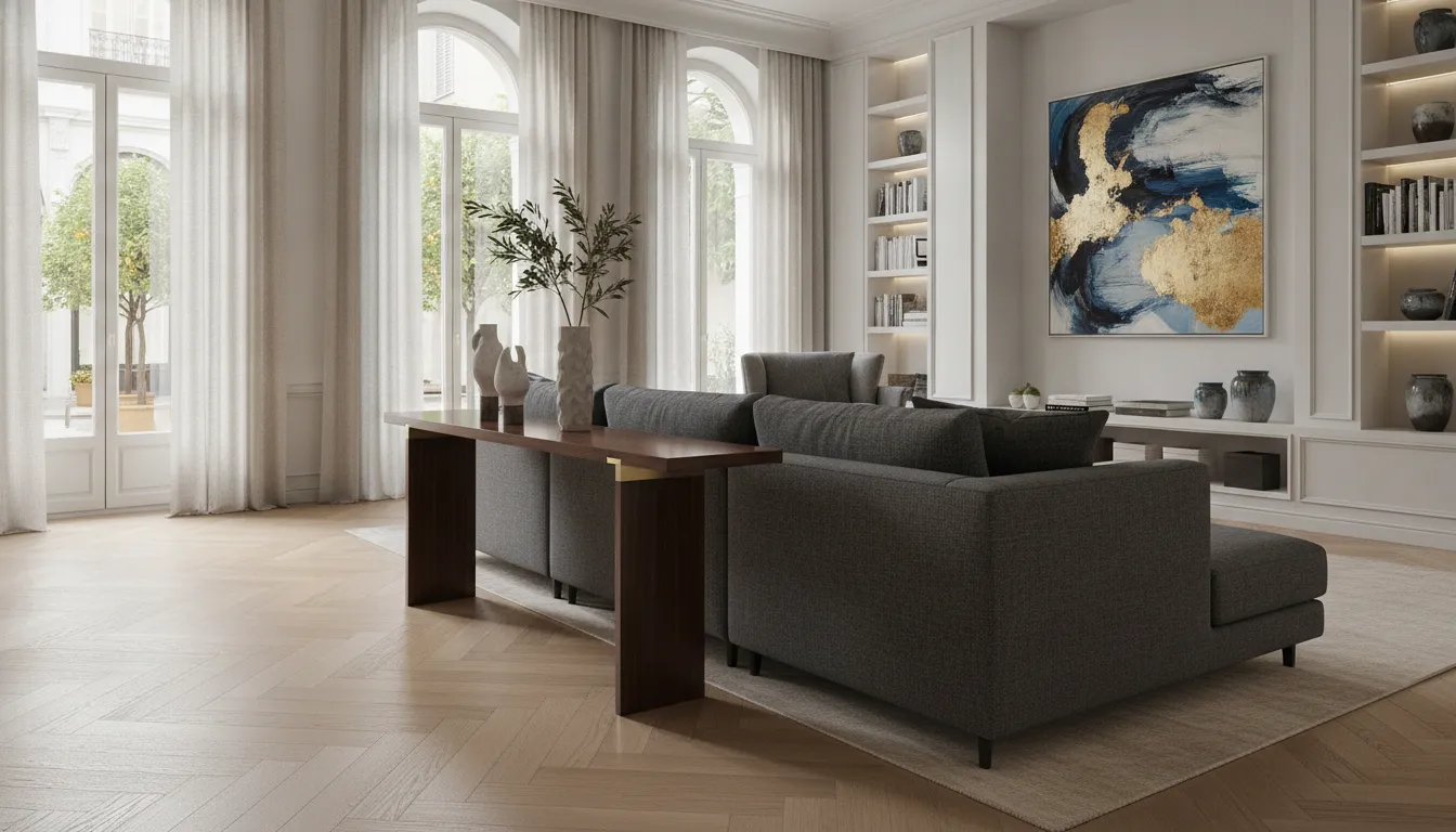 Styled contemporary console table with mirror lamp and sculptural accessories