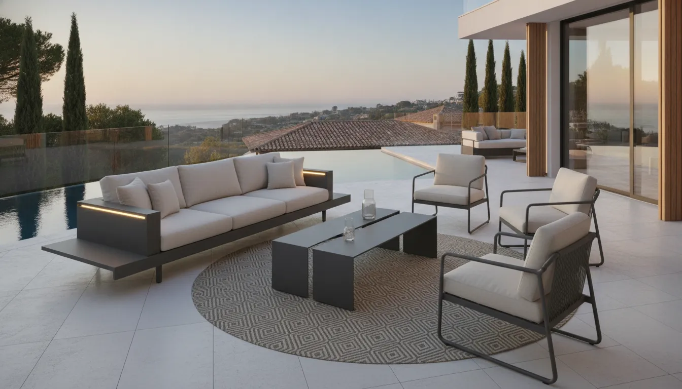 Contemporary modern European metal and powder-coated outdoor dining set on a luxury patio