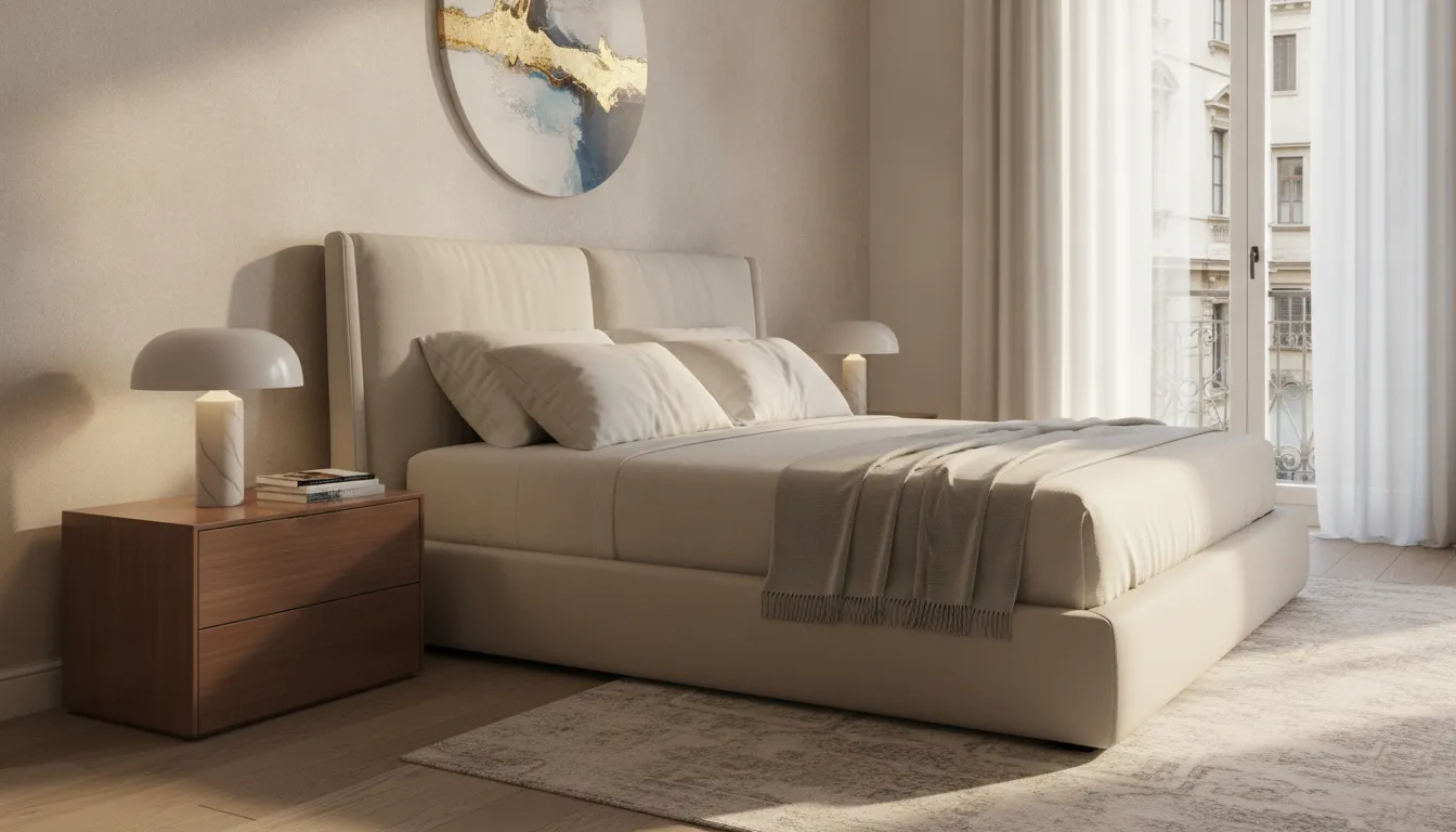Walnut modern nightstand with drawers beside an upholstered bed