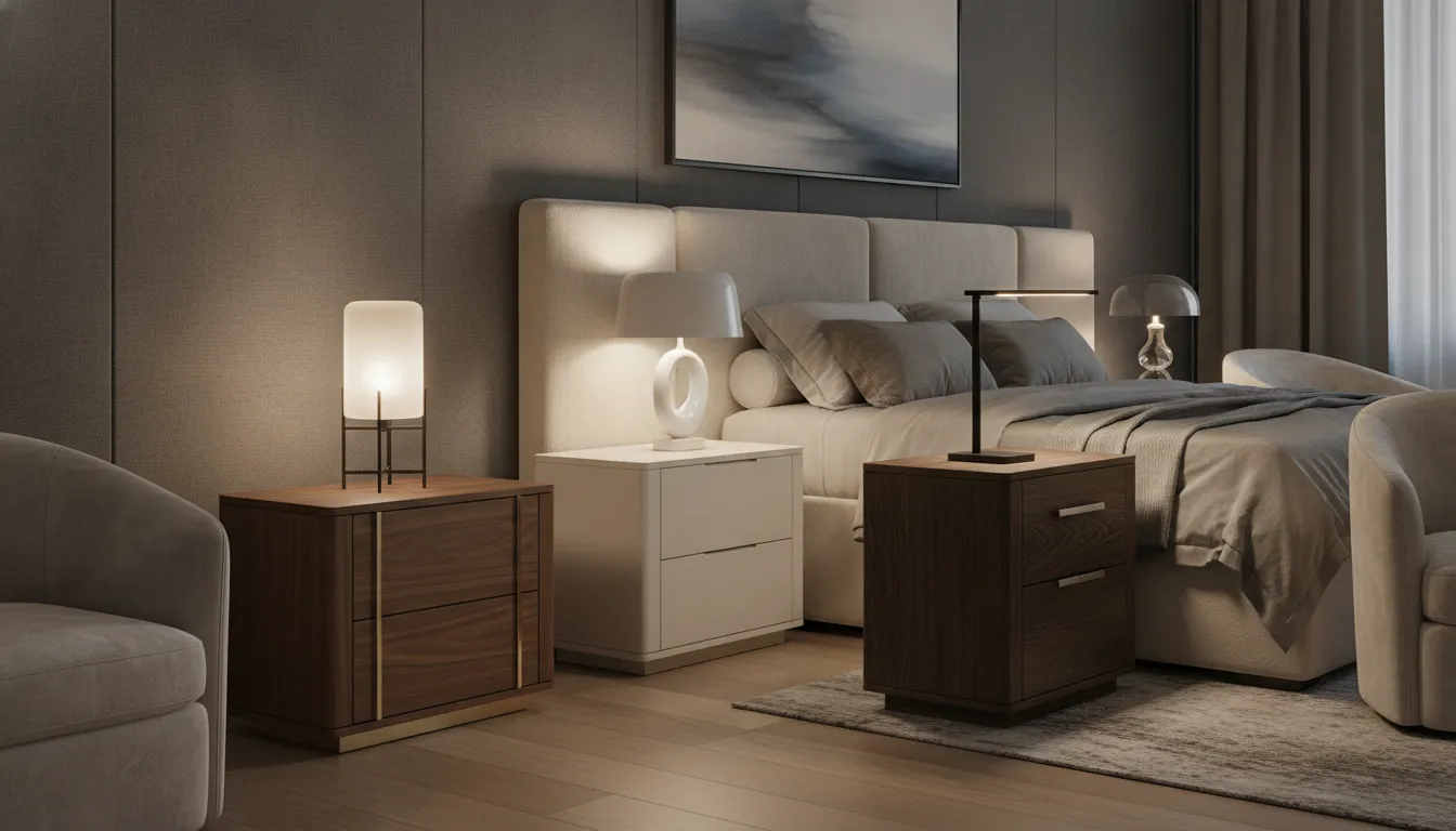 Modern nightstand finishes in walnut, matte white, and dark oak