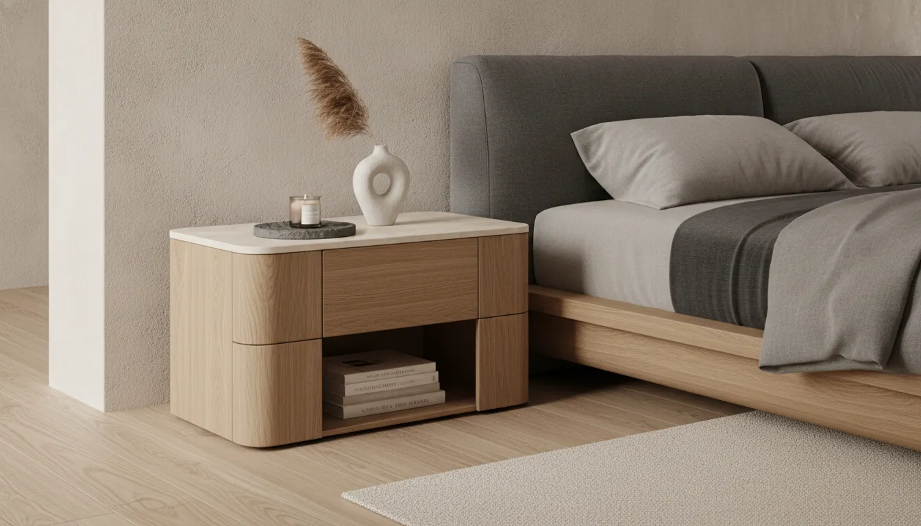 Open-shelf modern nightstand in a contemporary European bedroom