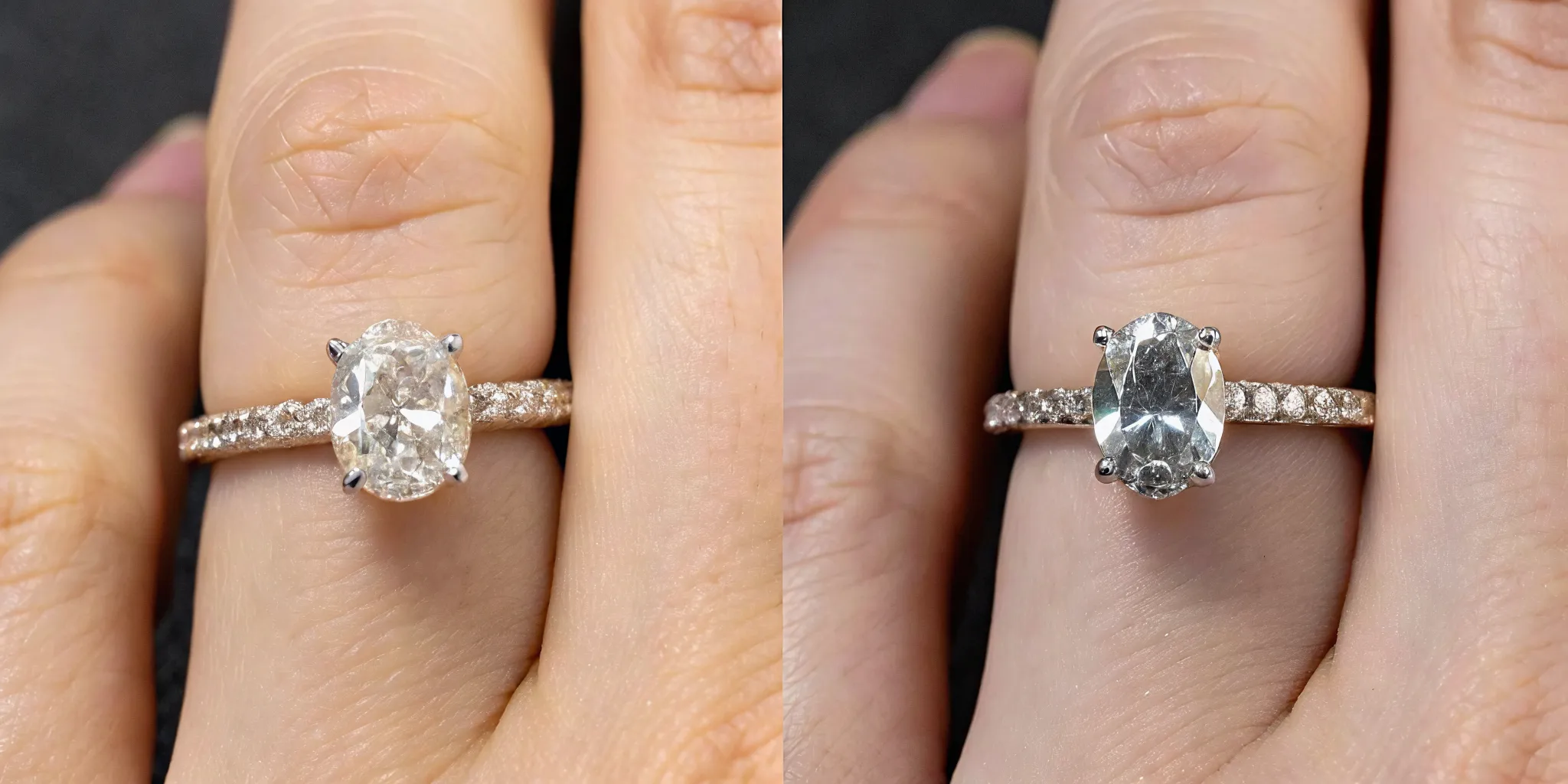 Side by side comparison of natural diamond ring and lab grown diamond ring showing visual equivalence