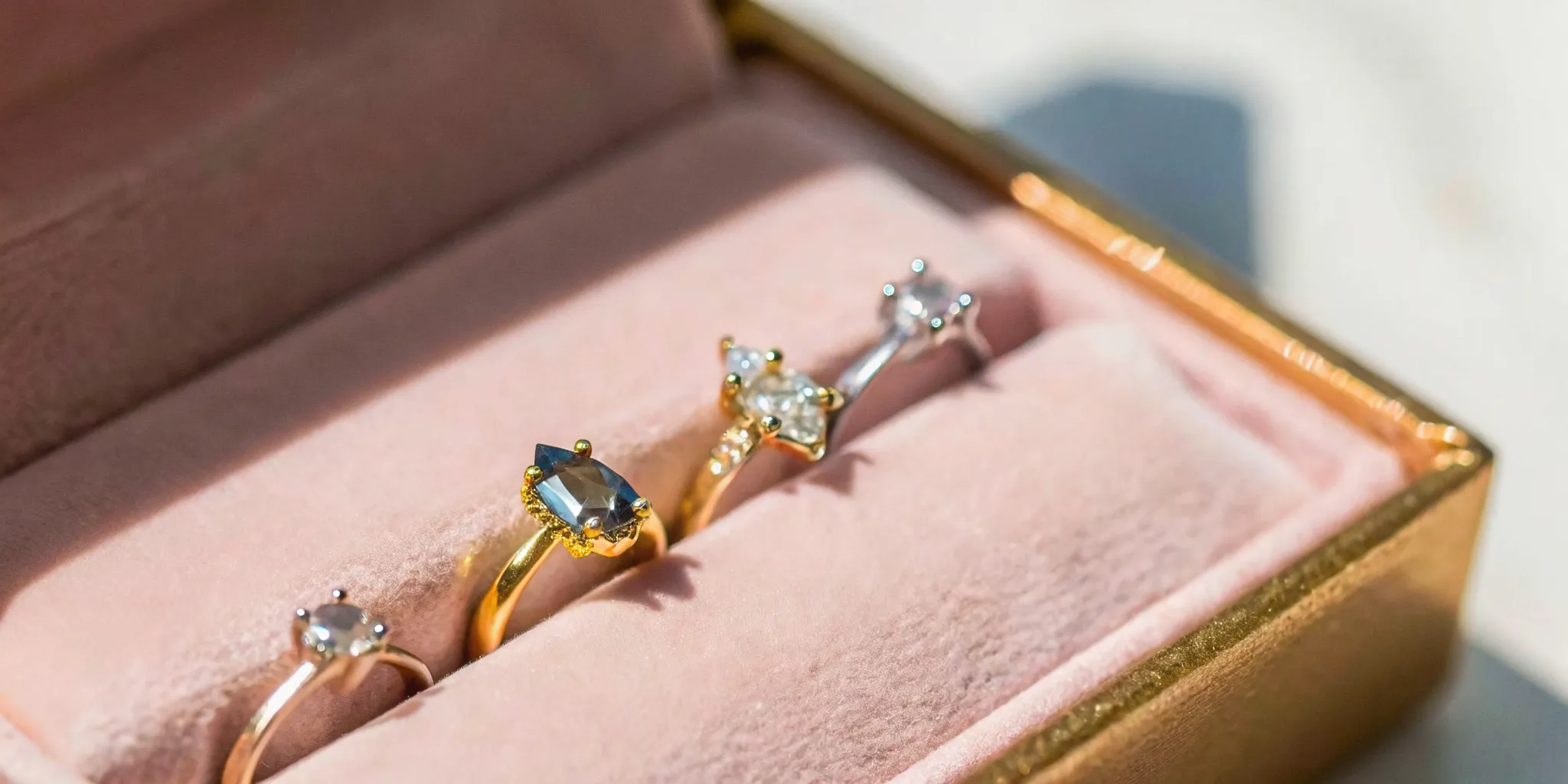 Collection of unique artisan engagement rings in Denver featuring colored gemstones and salt and pepper diamonds
