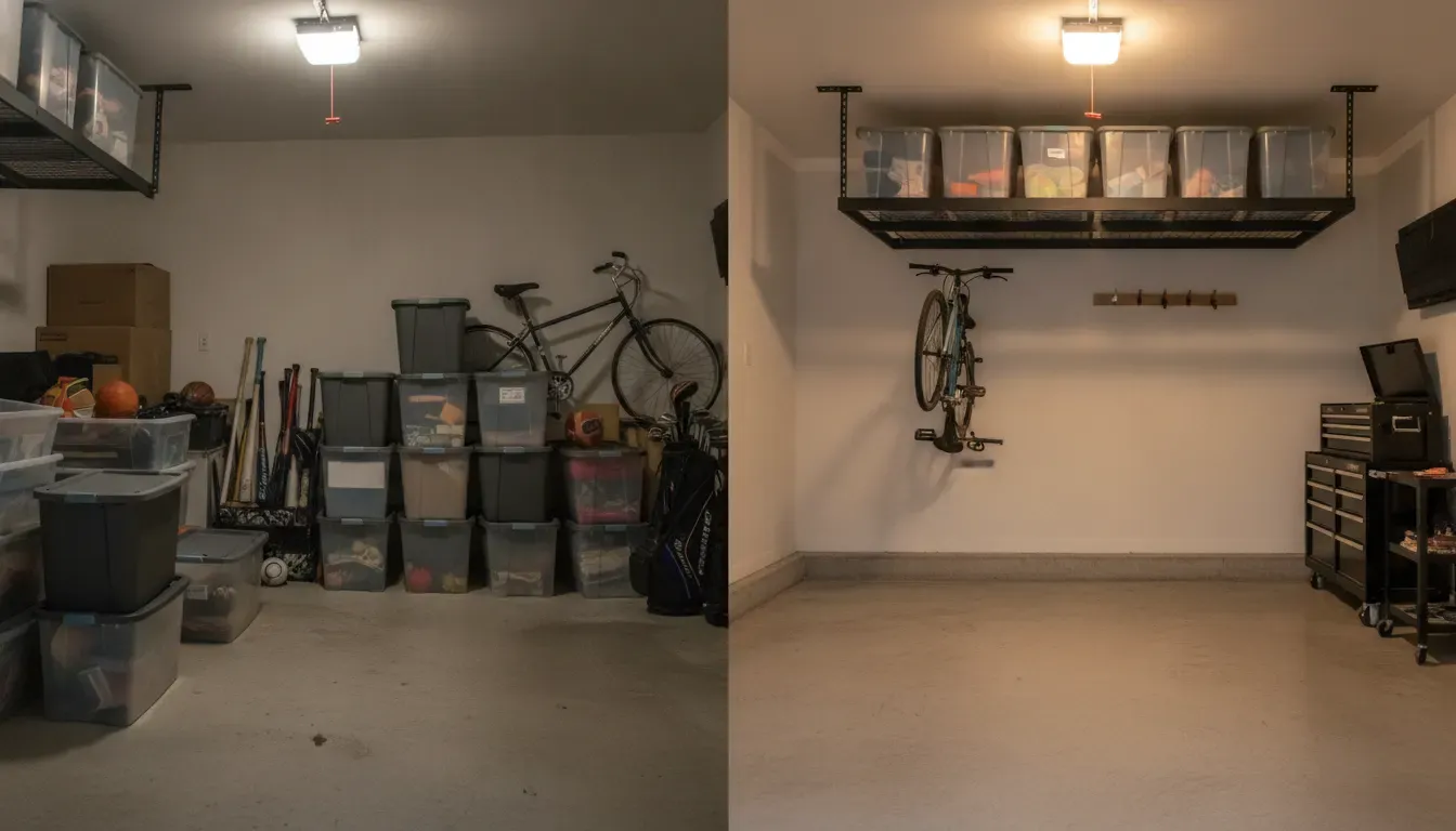 Before and after overhead garage storage comparison showing clutter moved off the floor