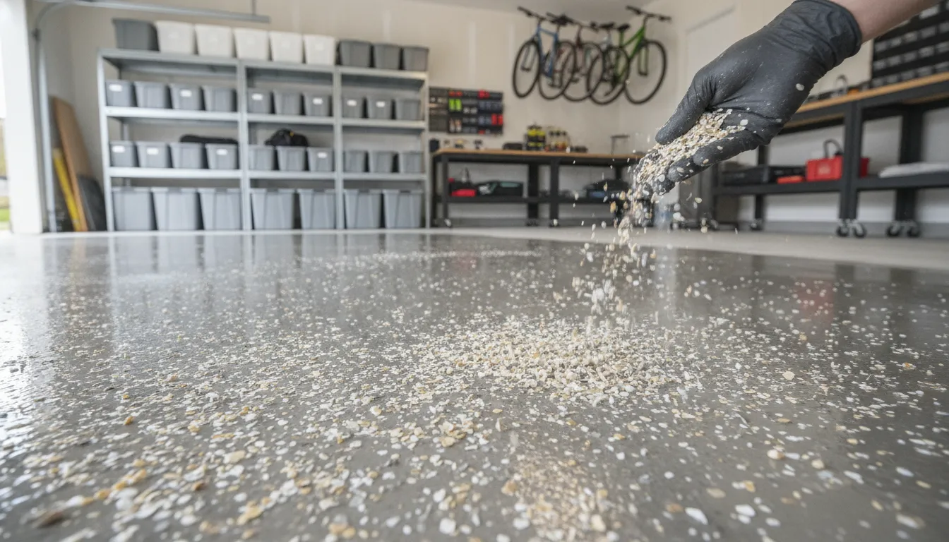 Decorative vinyl flakes broadcast over an epoxy garage floor base coat