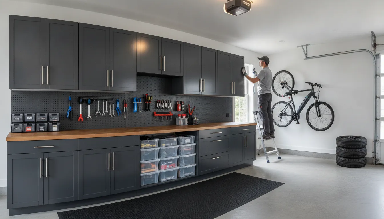 Professional garage cabinet installation with organized tools and storage