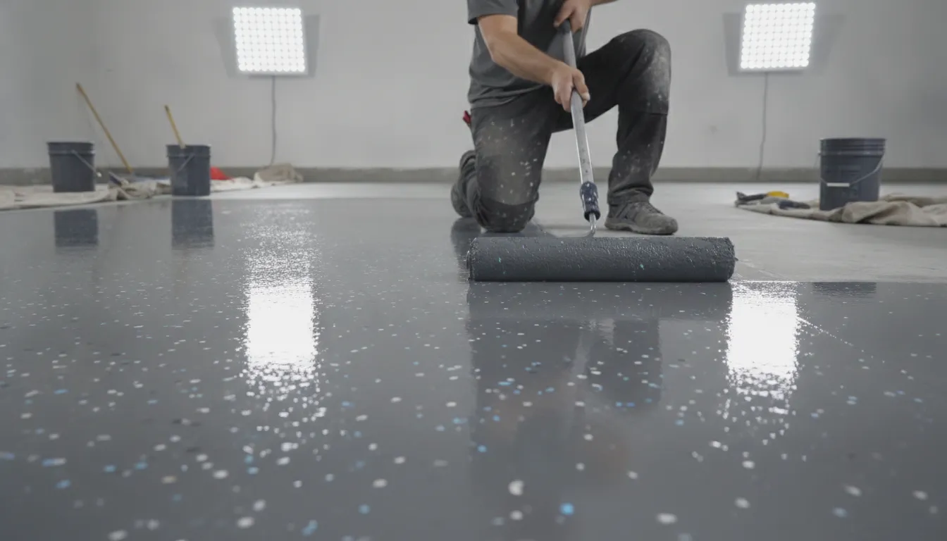 Professional installer applying a glossy polyaspartic coating to a residential garage floor