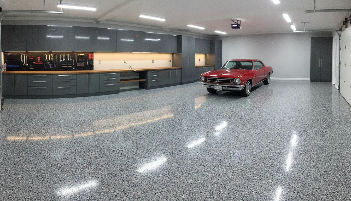 Professional garage transformation with glossy polyaspartic floor coating, decorative flake finish, and steel cabinets