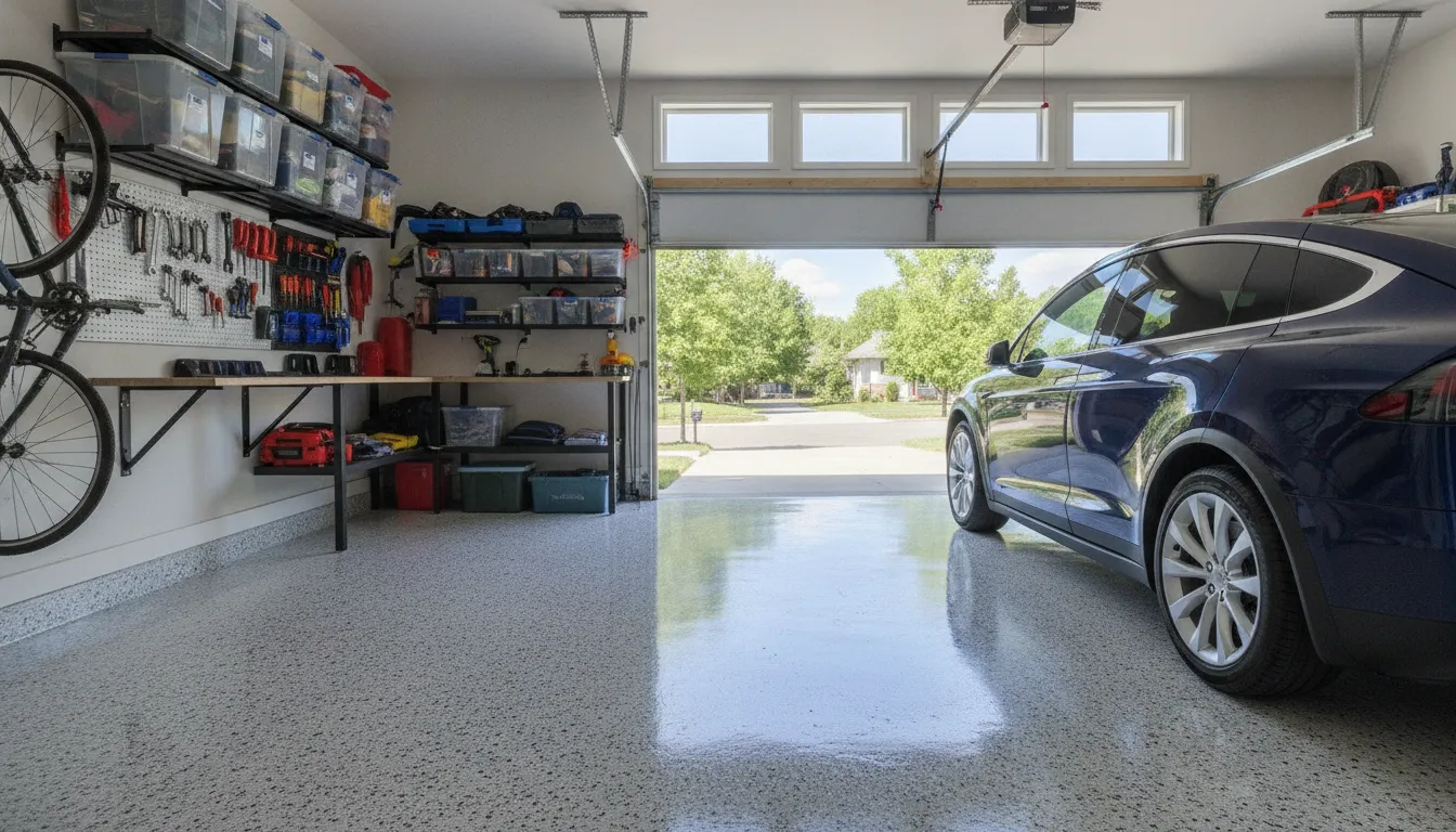 Two-car garage with a glossy light gray polyaspartic floor and decorative flakes