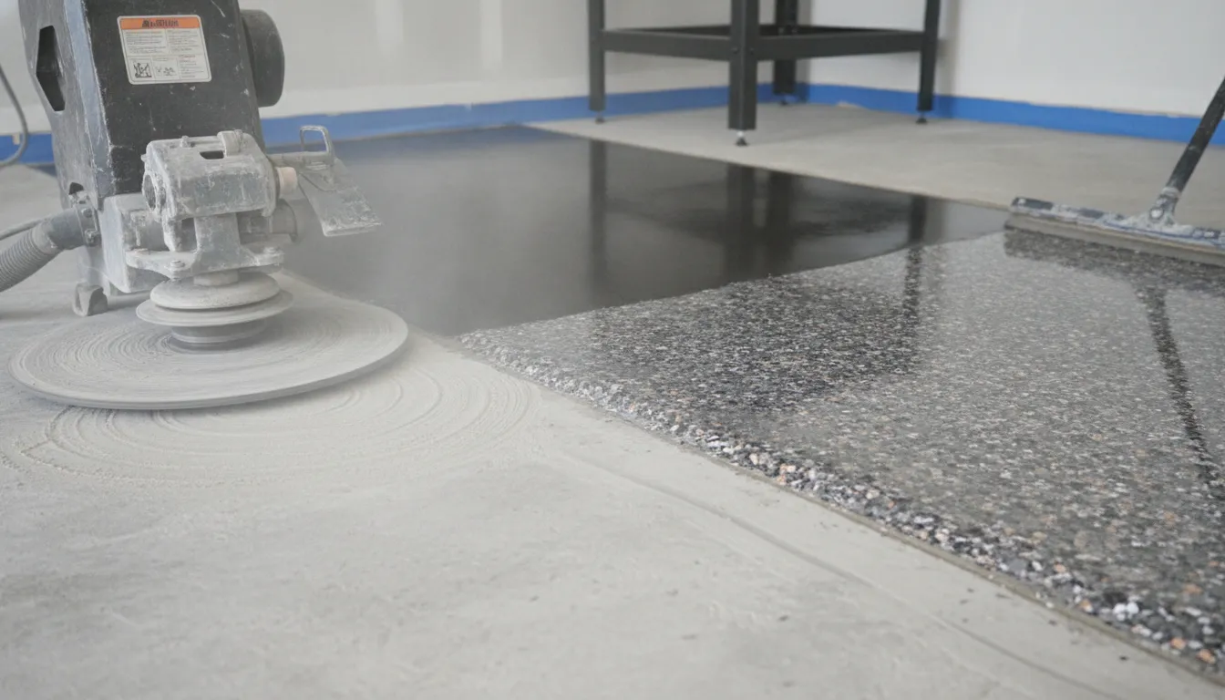 Diamond grinding preparation for professional polyaspartic garage floor coating application