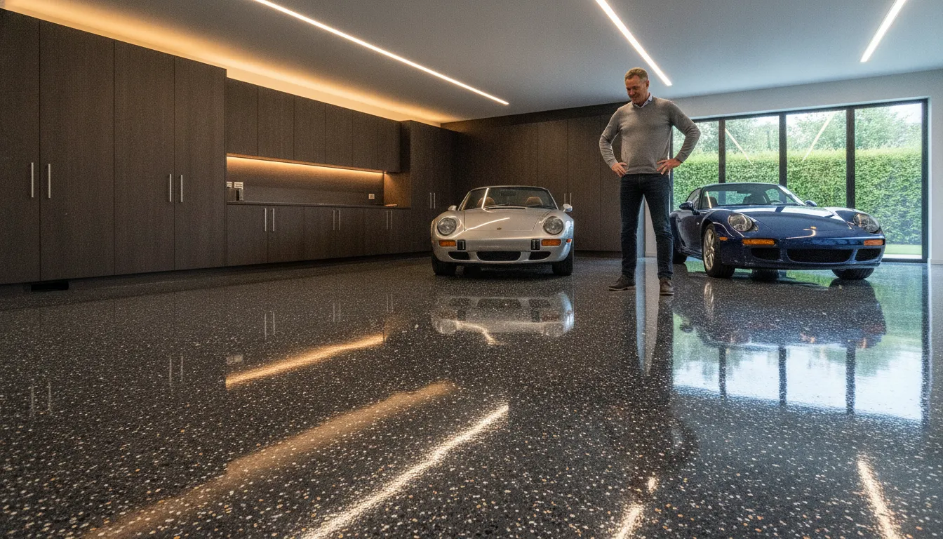 High-gloss polyaspartic garage floor with decorative flakes in a showroom-style finished garage