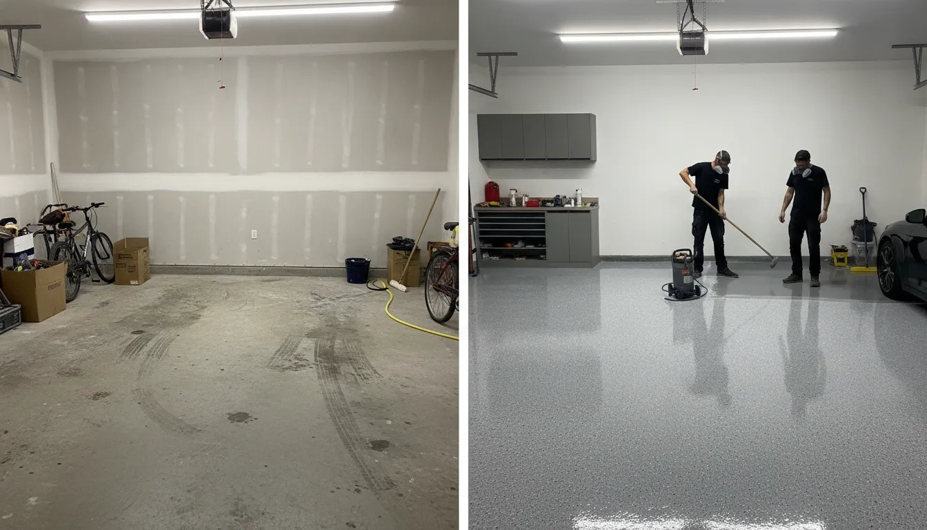 Garage transformation with glossy coated floor and clean finished appearance