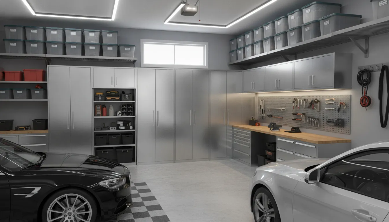 Steel garage cabinets with organized tools and storage