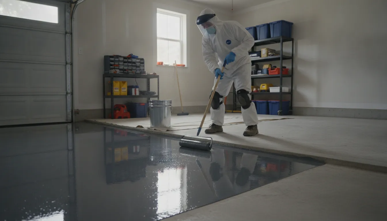 Professional crew rolling a glossy polyaspartic coating onto a residential garage floor