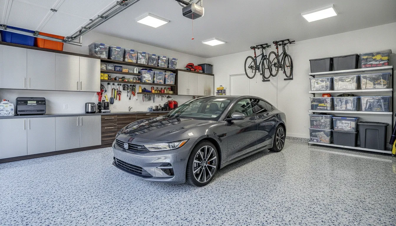 Finished glossy polyaspartic garage floor with decorative flakes installed by a certified Garage Kings crew near me