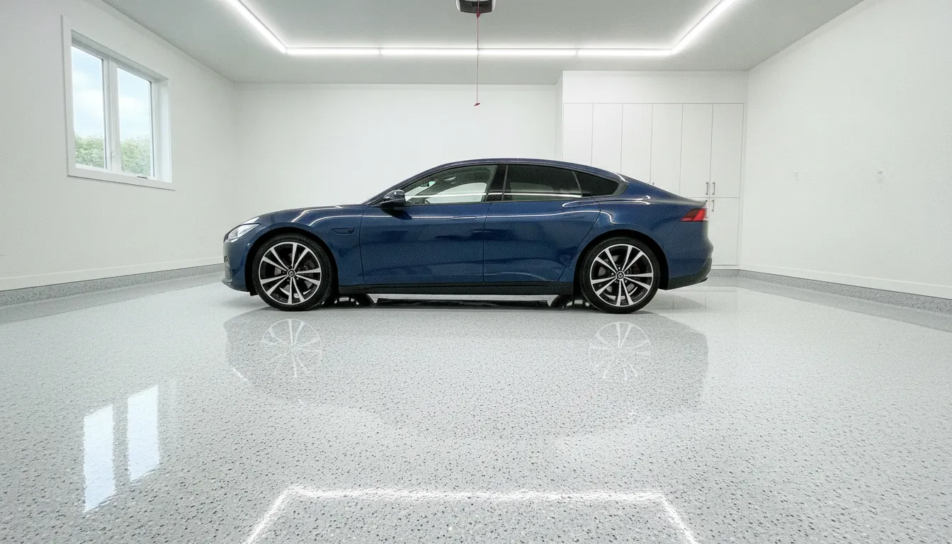 Finished polyaspartic garage floor with decorative flakes and a parked car after installation