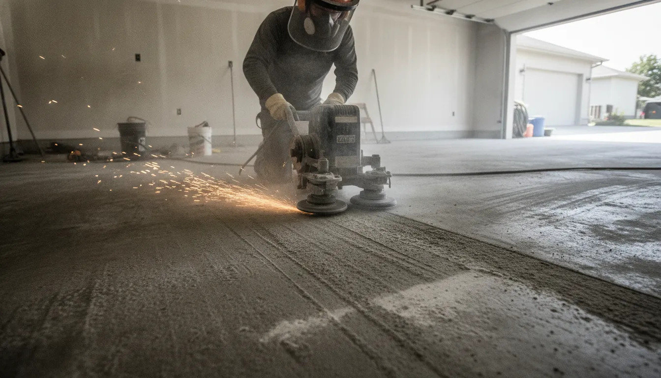 Diamond grinding machine profiling a residential garage concrete floor during surface prep