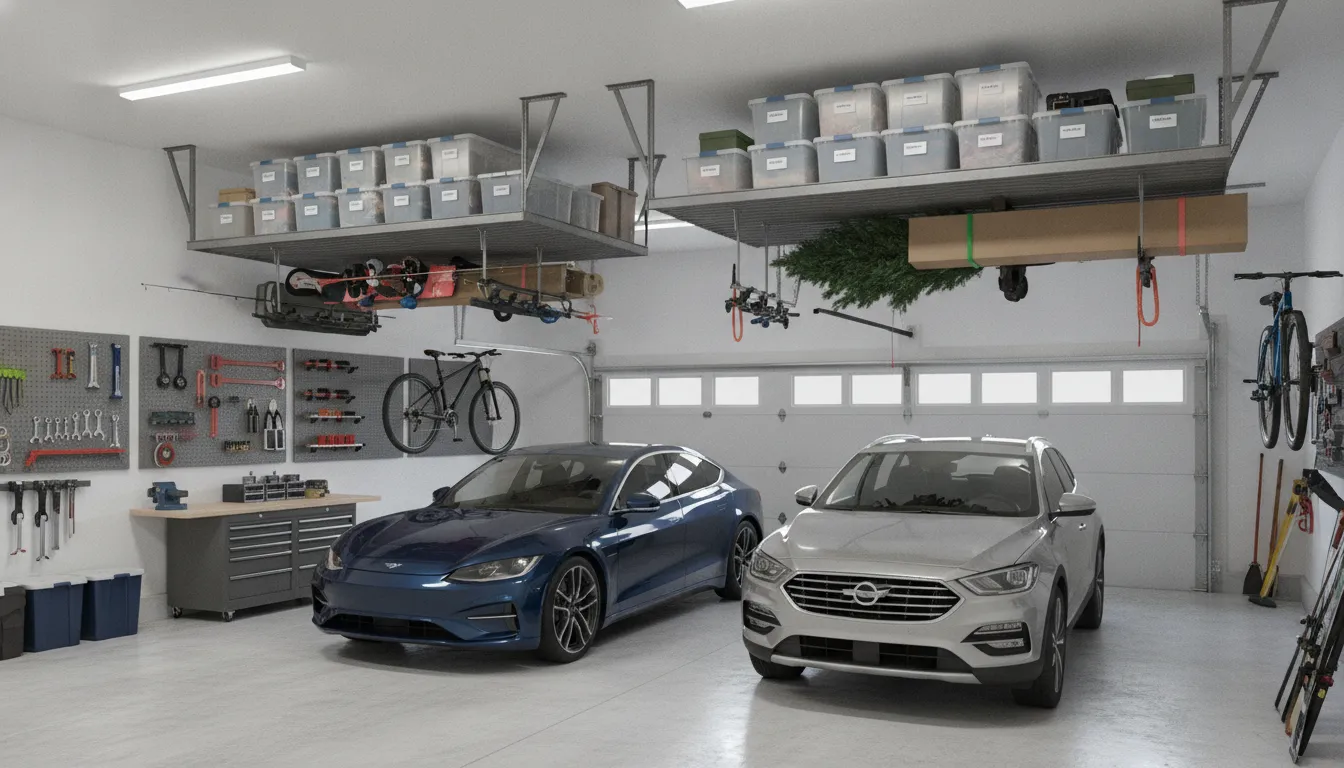 Overhead ceiling storage racks holding bins and freeing garage floor space