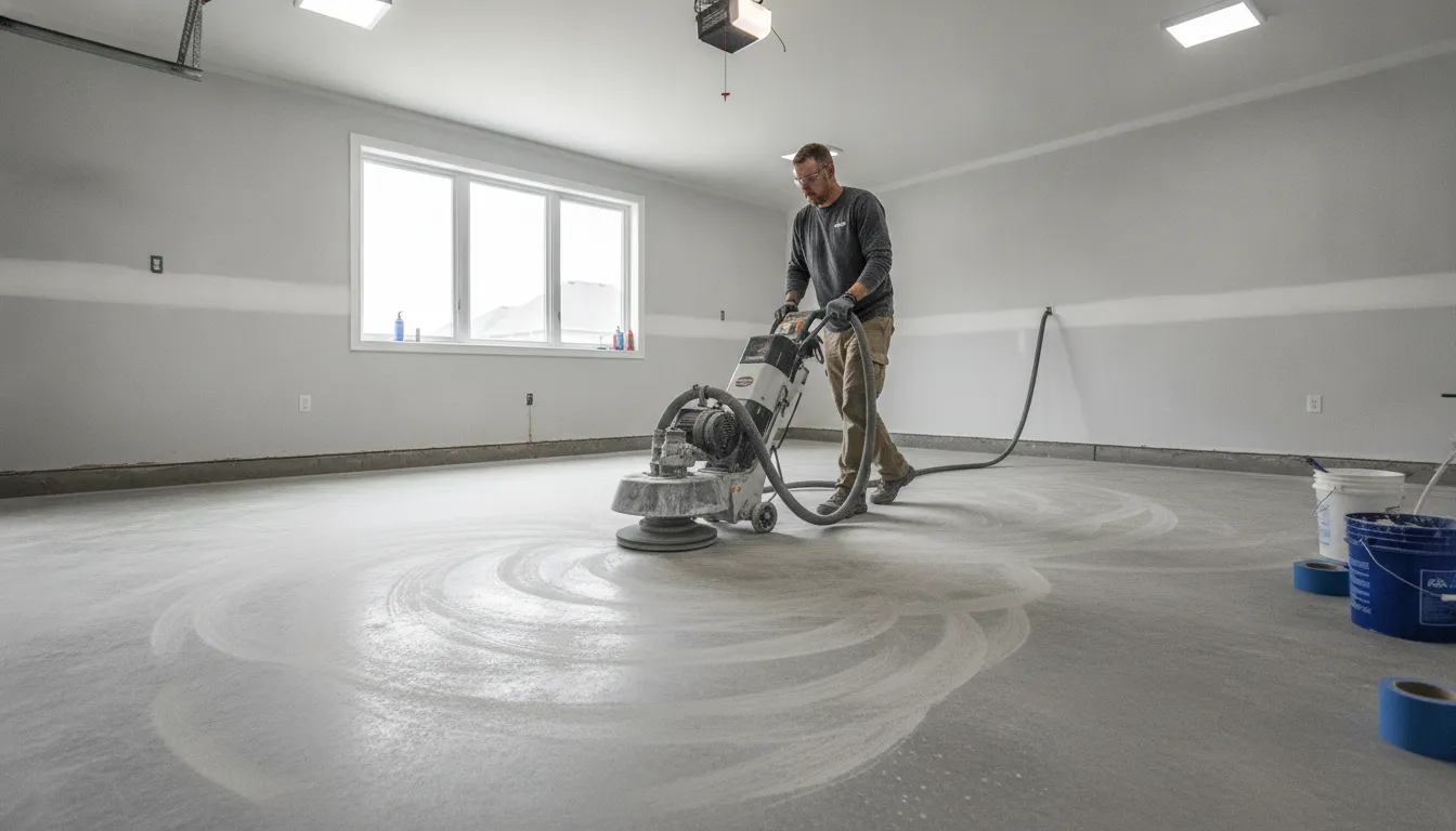 Installer grinding a concrete garage floor to prepare it for a polyaspartic garage floor coating near me