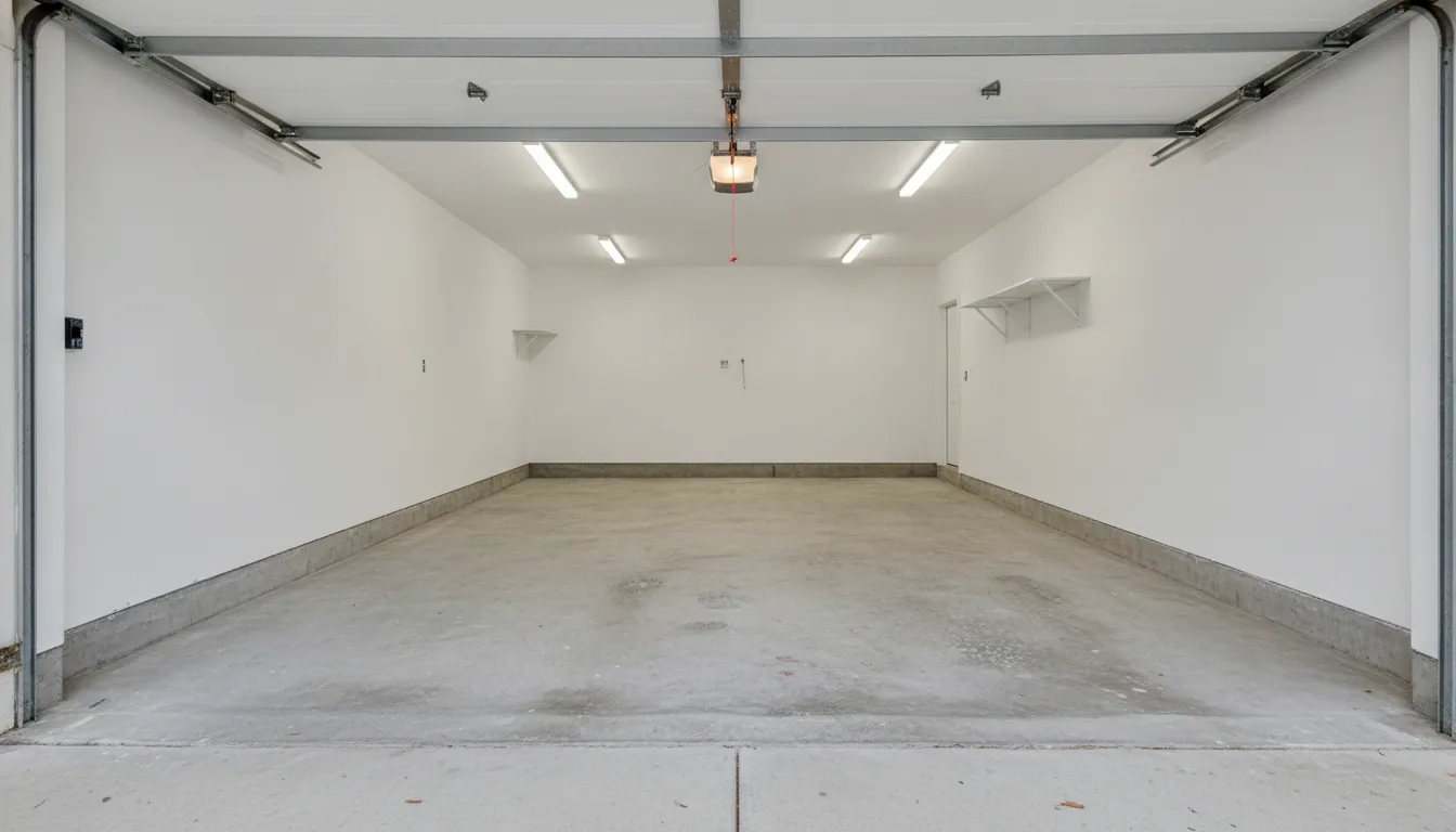 Clear residential garage ready for a polyaspartic garage floor installation process, with items removed from the concrete floor