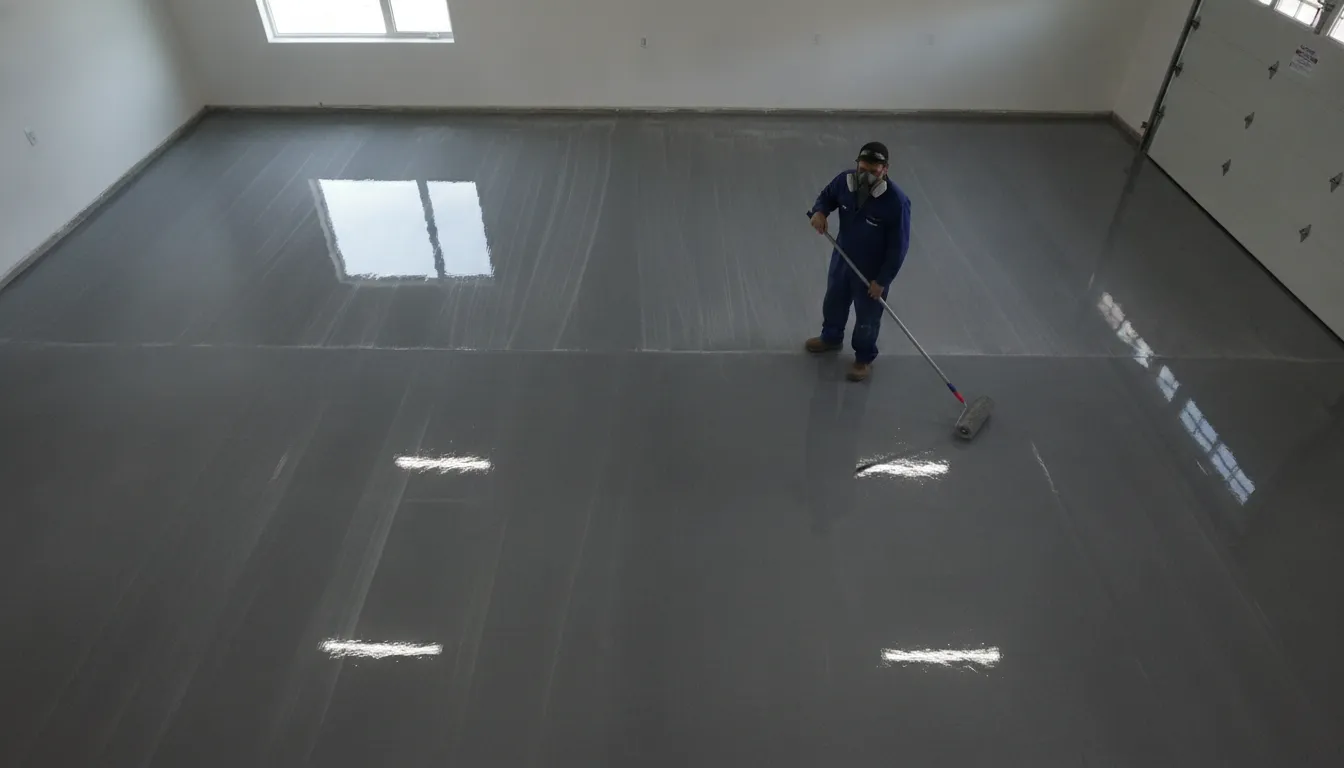 contractor applying glossy garage floor coating