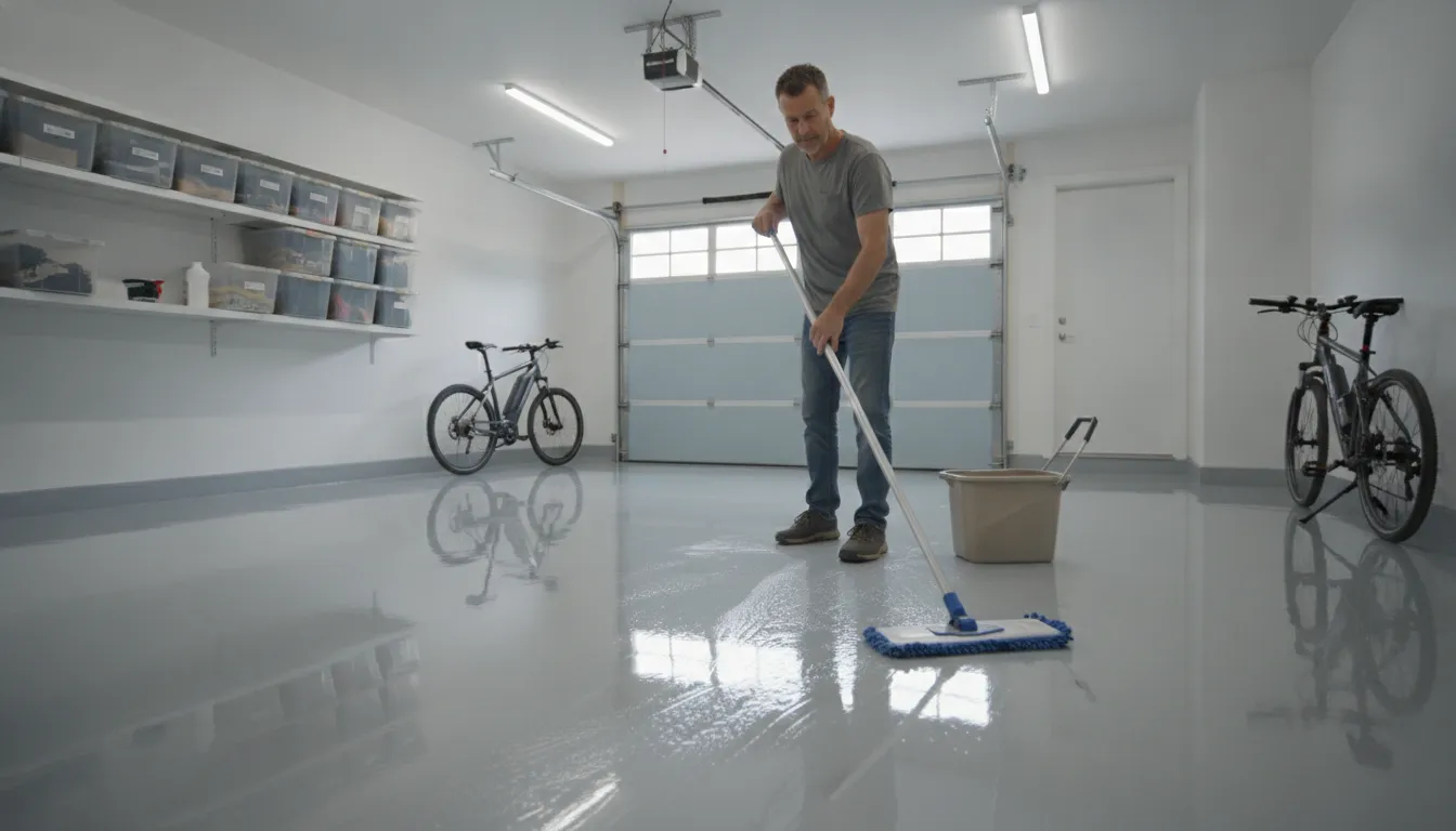 Homeowner cleaning a polyaspartic garage floor coating with a microfiber mop