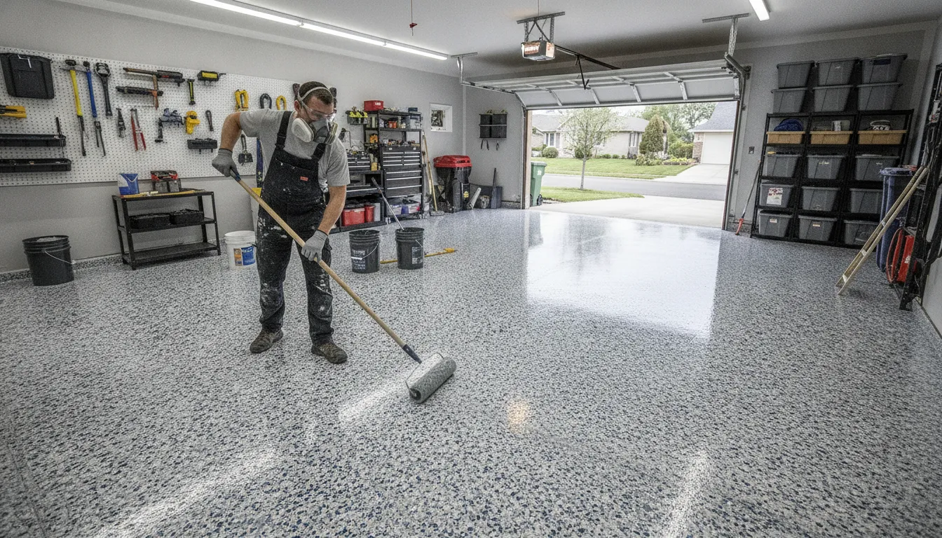 Professional installer applying polyaspartic floor coating with decorative flakes in a residential garage