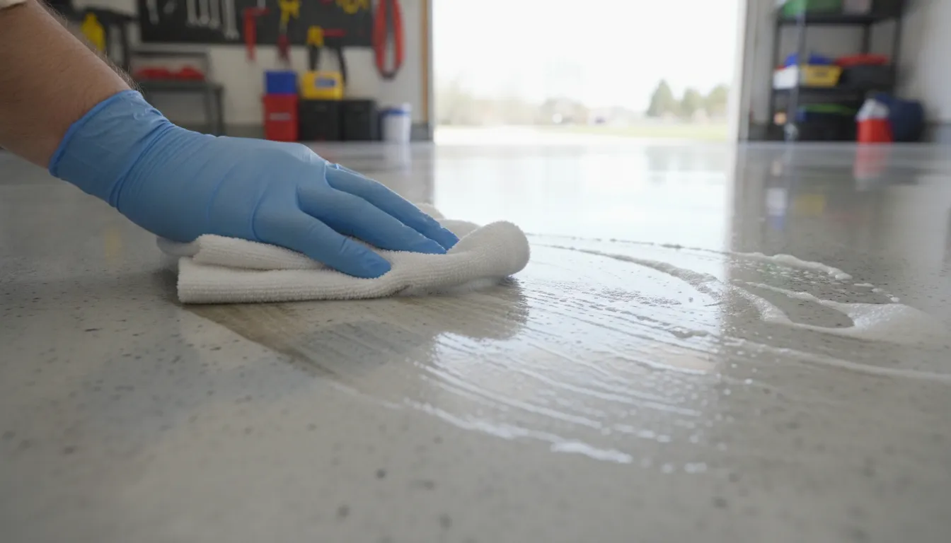 Polyaspartic garage floor being gently cleaned with a soft cloth to remove tire marks and stains
