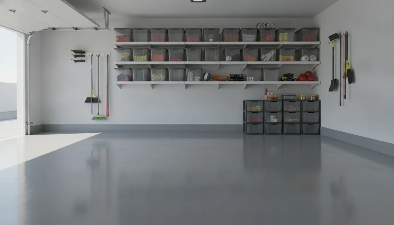 garage with fresh gray floor coating and organized shelving