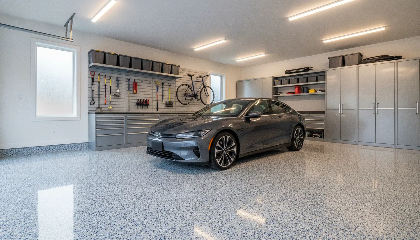 Gleaming finished polyaspartic garage floor with decorative flake finish and car parked inside with storage cabinets
