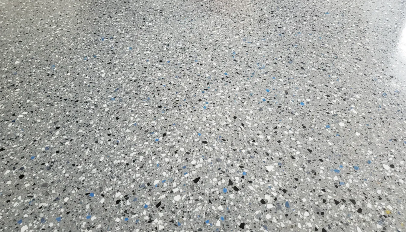 Close up detail of polyaspartic garage floor coating showing the decorative flake texture and professional finish