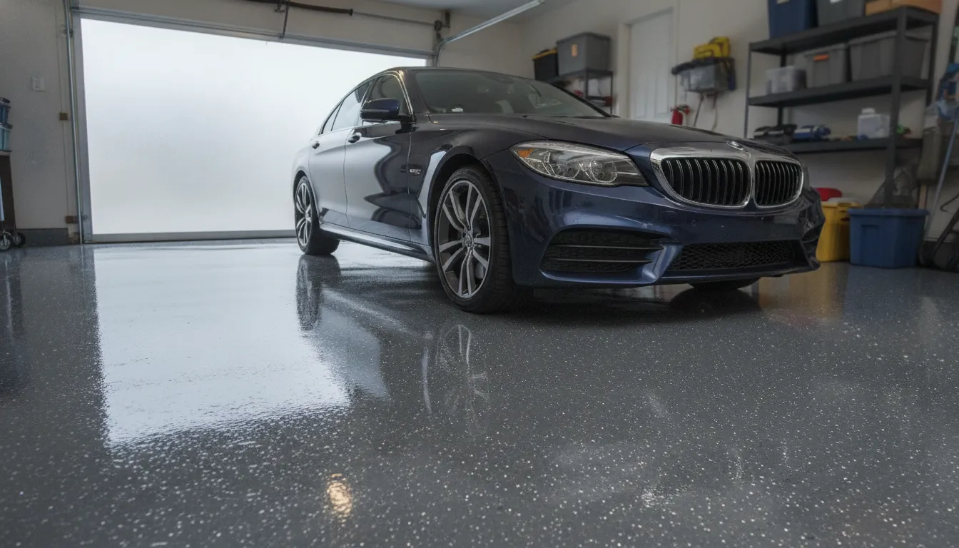car parked over polished garage floor coating