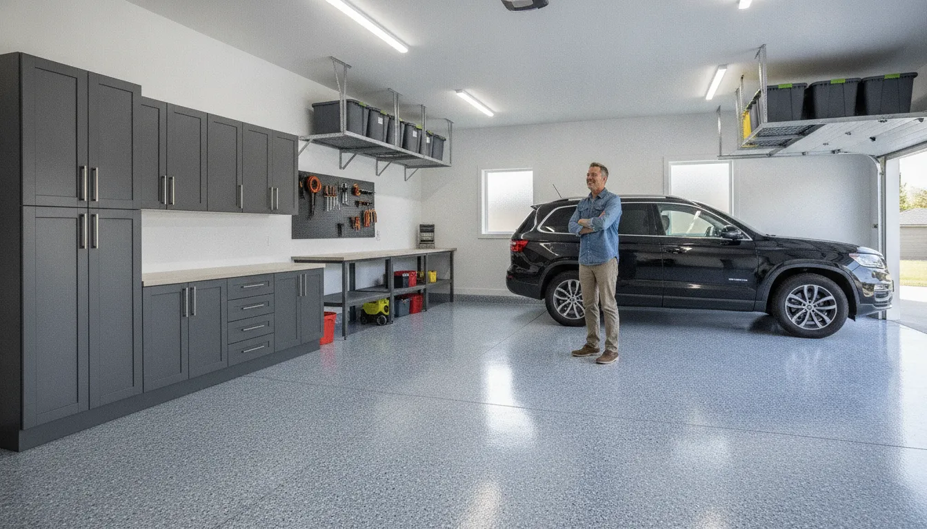 Homeowner admiring a fully transformed garage with polyaspartic floor coating, wall cabinets, and overhead storage