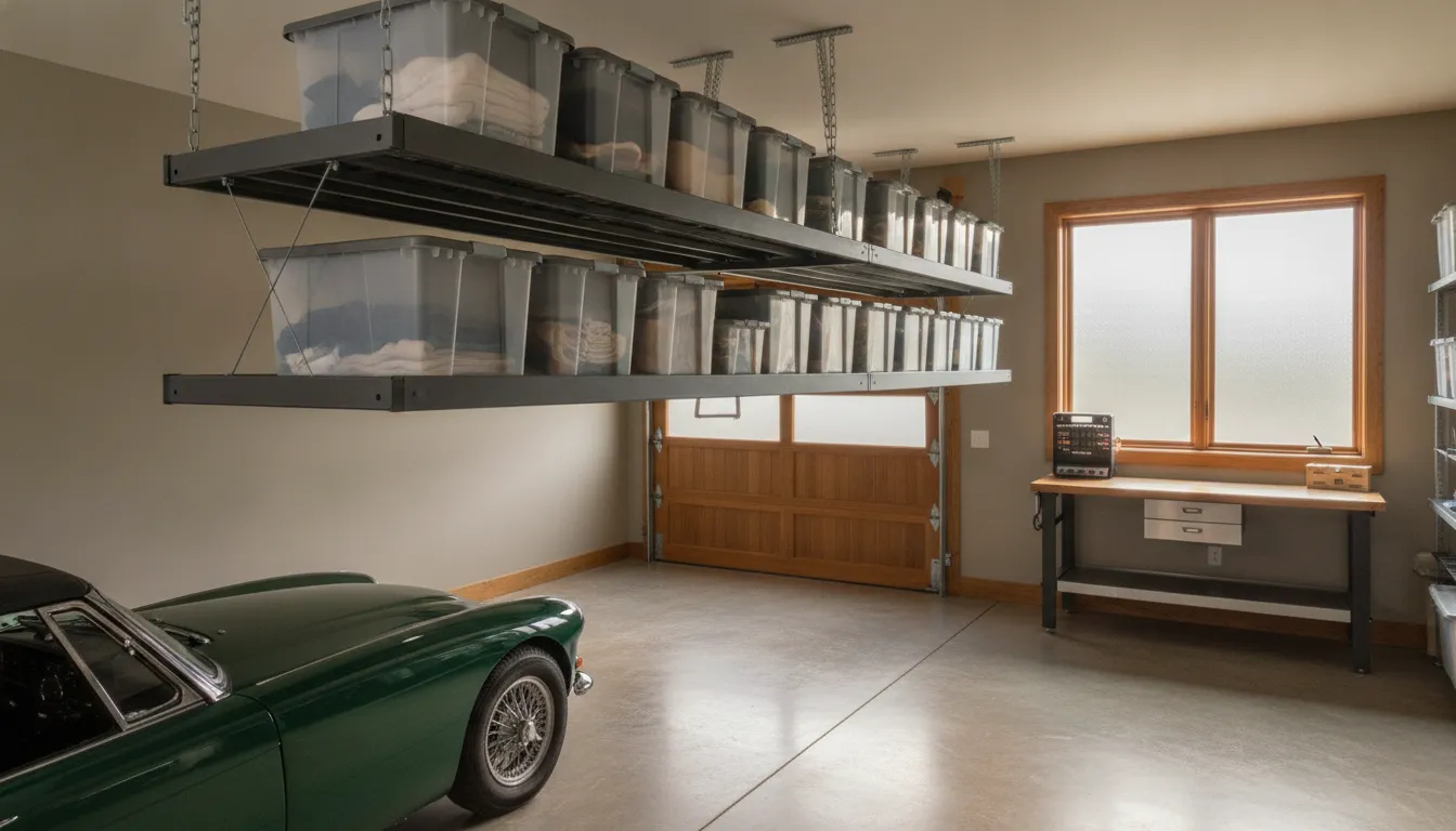 Wall and overhead small garage storage ideas in an organized garage