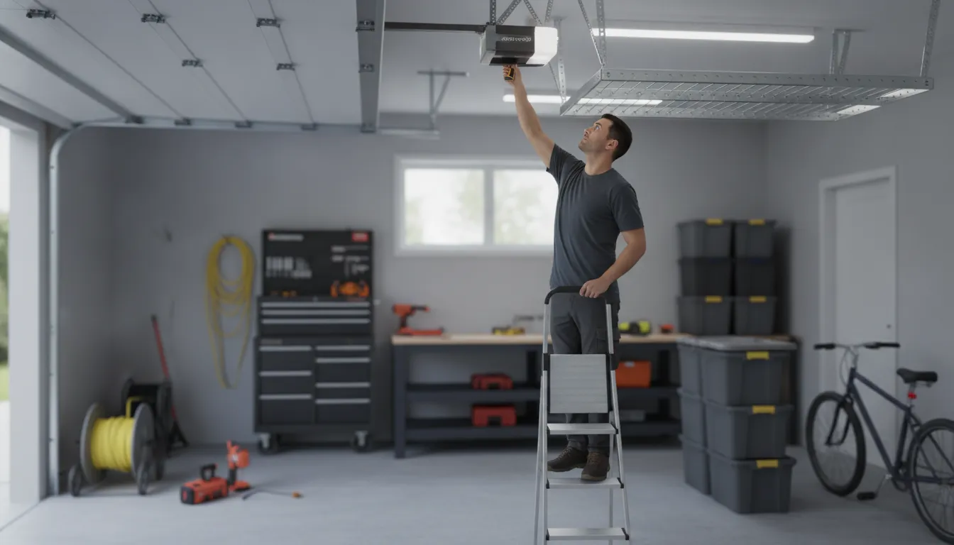 Installer measuring a ceiling-mounted overhead rack near garage door hardware