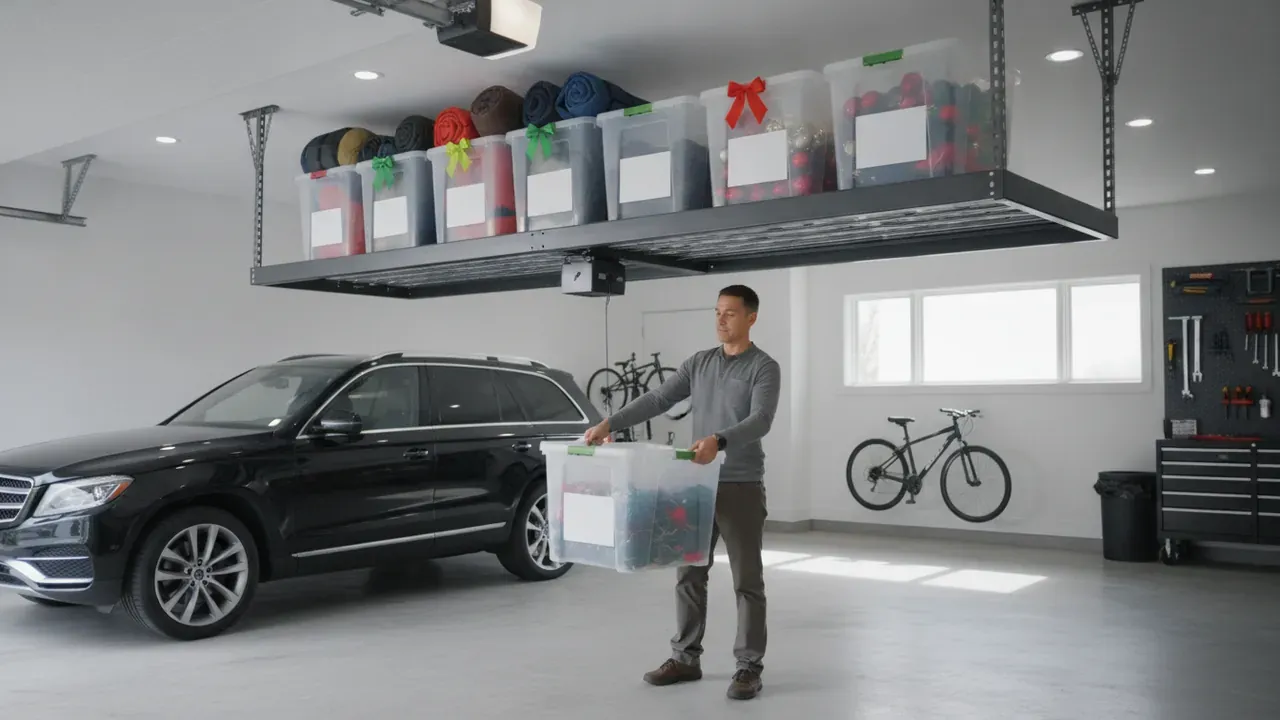Homeowner organizing labeled seasonal storage bins beneath an overhead garage rack