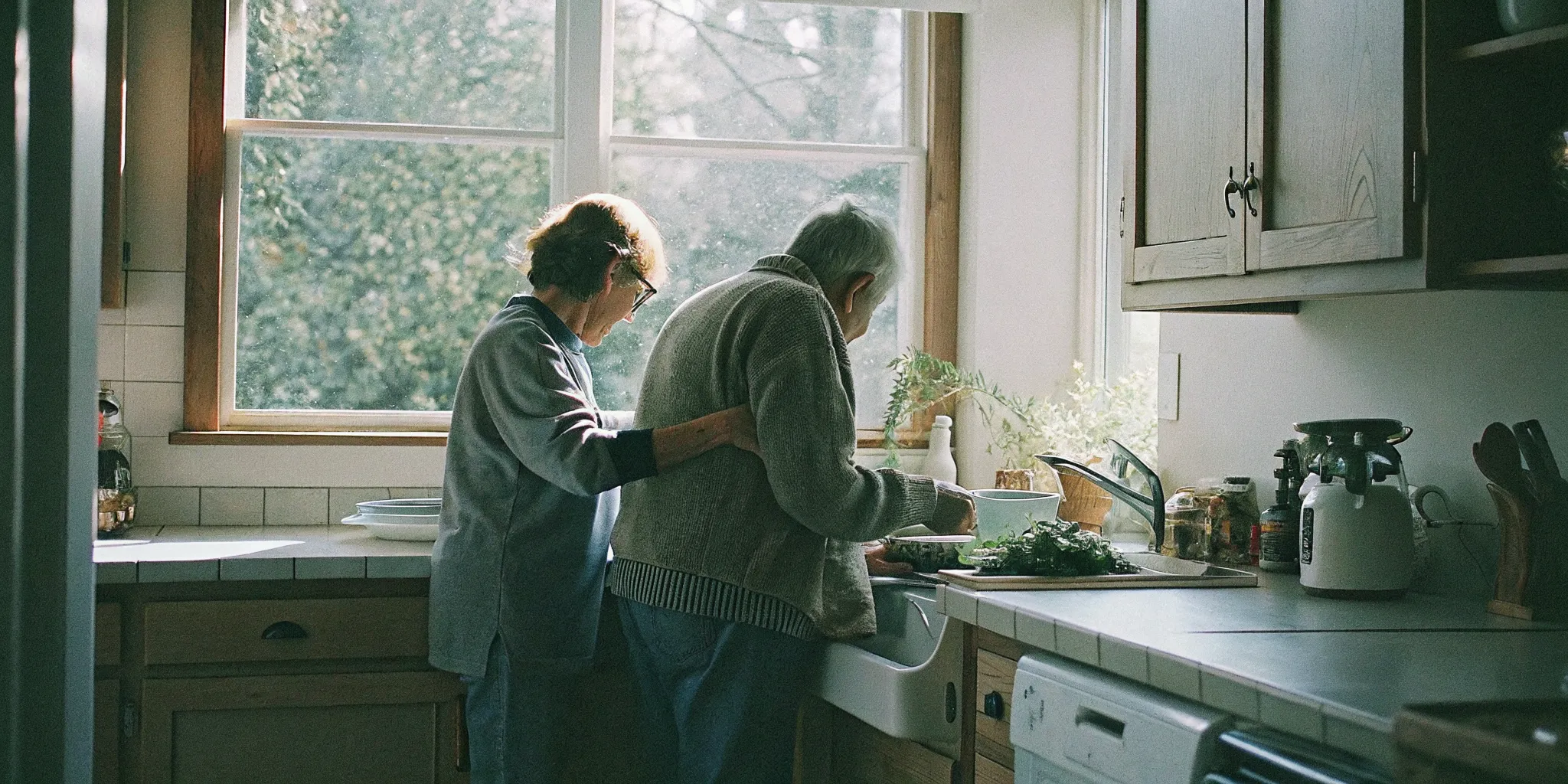 Home care companion helping an elderly senior prepare healthy meals at home